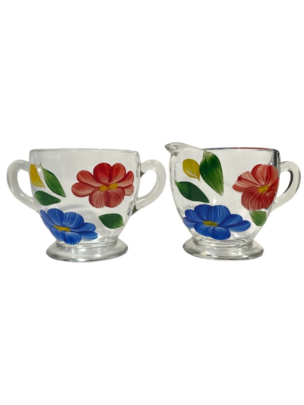 Vintage 1950s Bartlett Collins Hand-Painted Floral Glass Sugar and Creamer Set